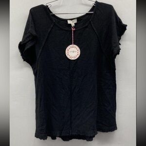 NWT Umgee Raw Edge Textured Black Linen and Cotton Blouse  Sz M